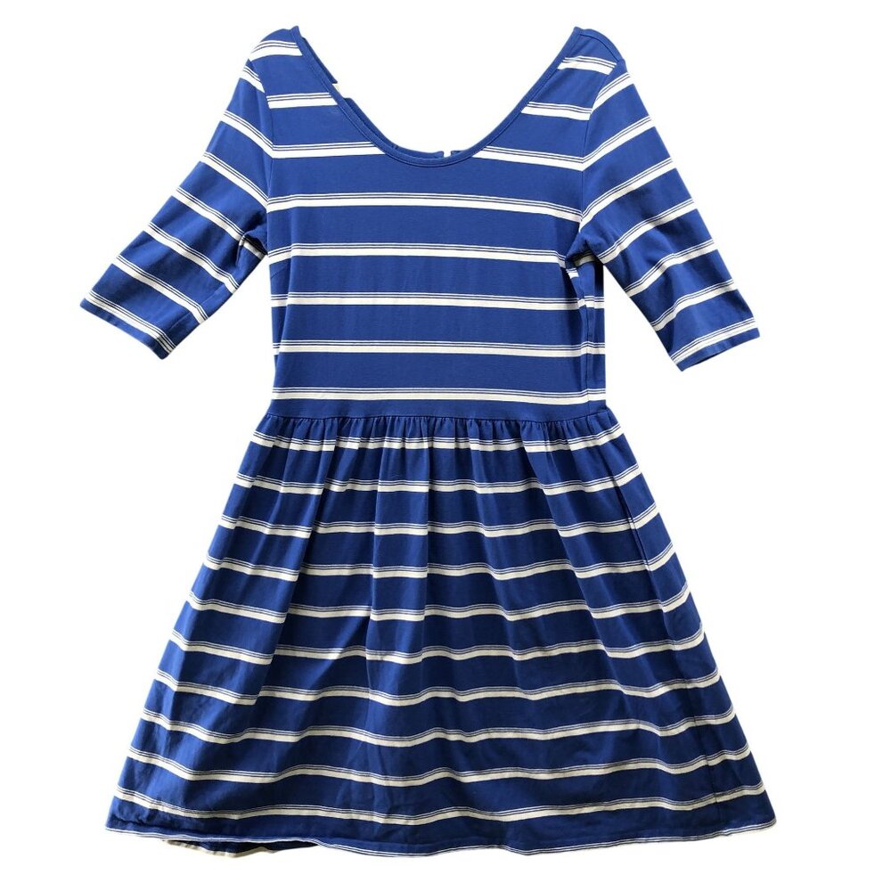 Hanna Andersson Dress Womens M Blue White Striped‎ Scoop Neck Flare 1/2 Sleeve